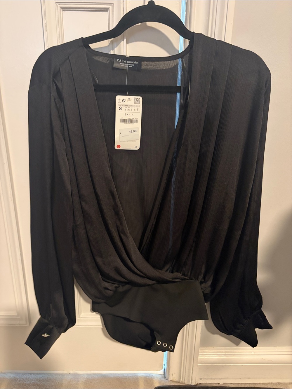 Zara Black Draped Long-Sleeve Bodysuit